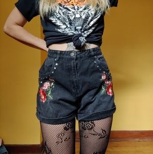 Black Denim Embroidered Floral Shorts